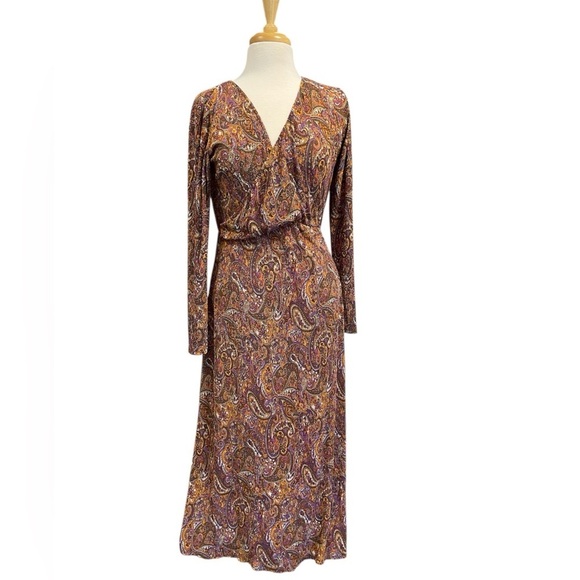Mango Paisley Print Midi Sheath Dress Plunge Neckline Medium Boho Wrap - Picture 2 of 8